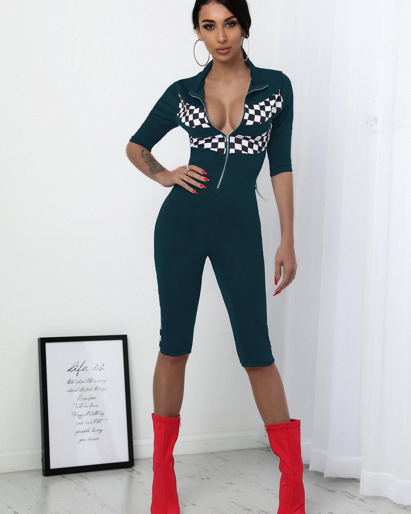 

Checkboard Print Zipper Up Jumpsuit, Green