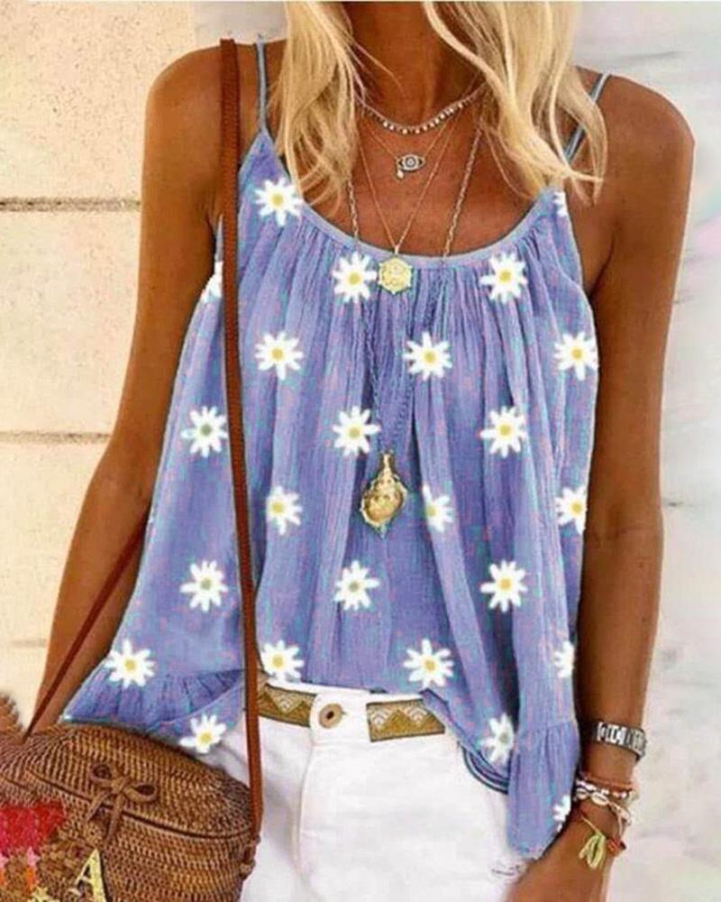 

Daisy Print U-neck Casual Tank Top, Dark blue