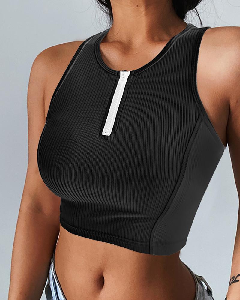 

Zip Front Colorblock Sleeveless Crop Top, Black