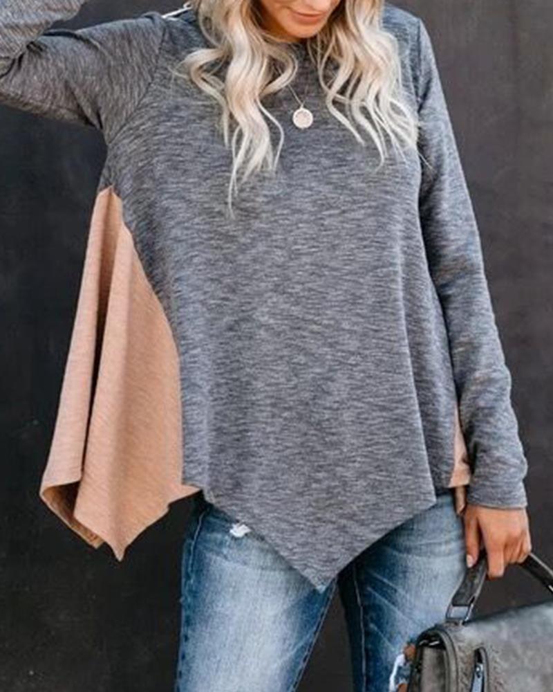 

Contrast Spliced Long Sleeve Top, Gray