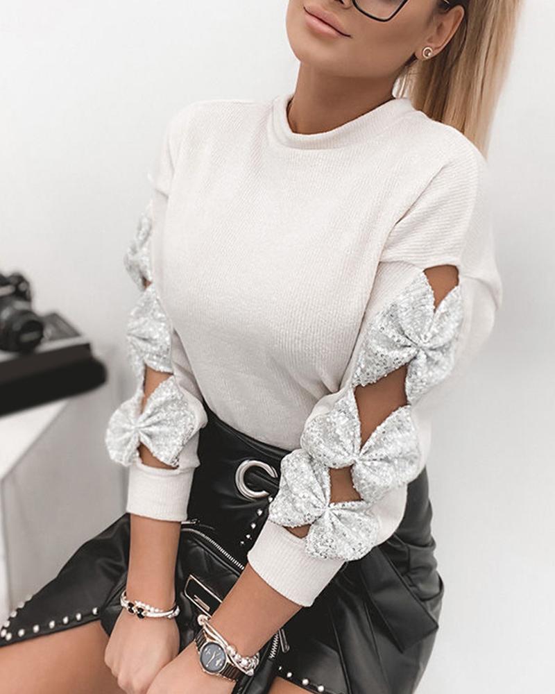

Sequin Bowknot Design Long Sleeve Knit Top, White