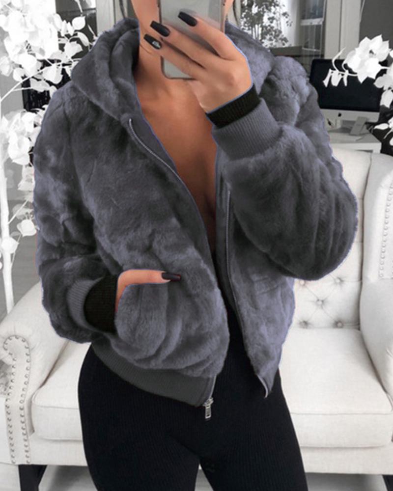

Faux Fur Zipper Pocket Design Coat, Gray