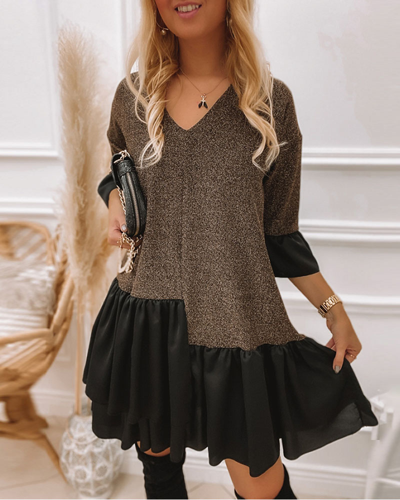

Patchwork V-Neck Glitter Casual Smock Dress, Style1