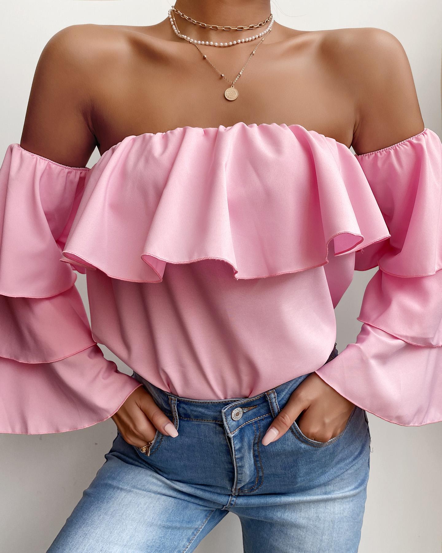 

Off Shoulder Layered Ruffles Long Sleeve Top, Pink
