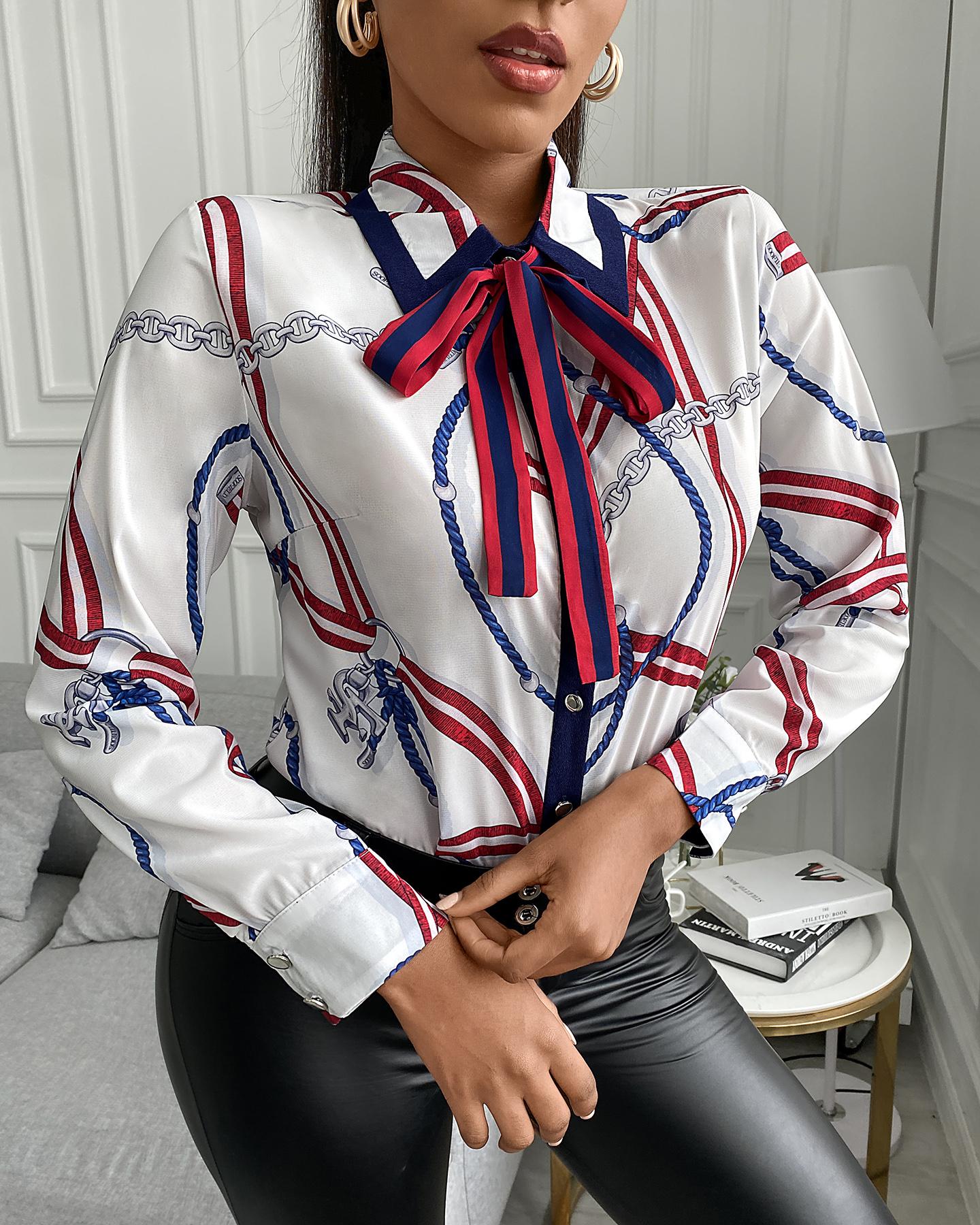 

Scarf Print Tie Neck Long Sleeve Shirt, Red