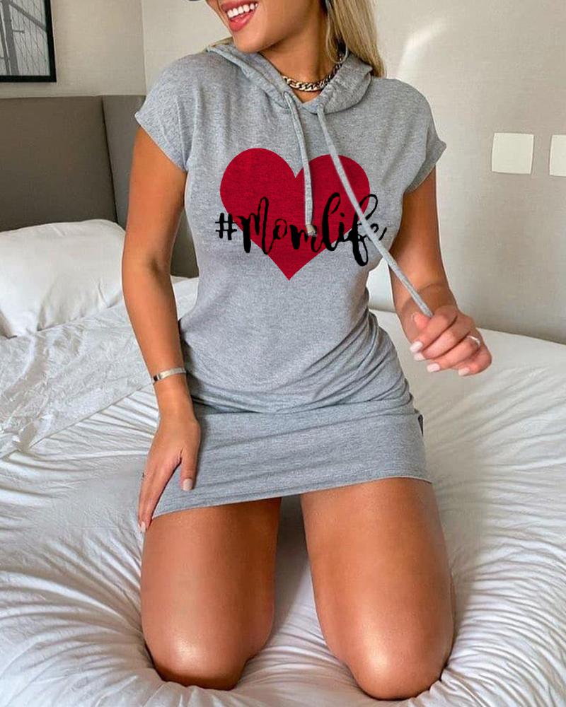 

Mother' Day Letter Heart Print Short Sleeve Hooded T-shirt Dress, Gray