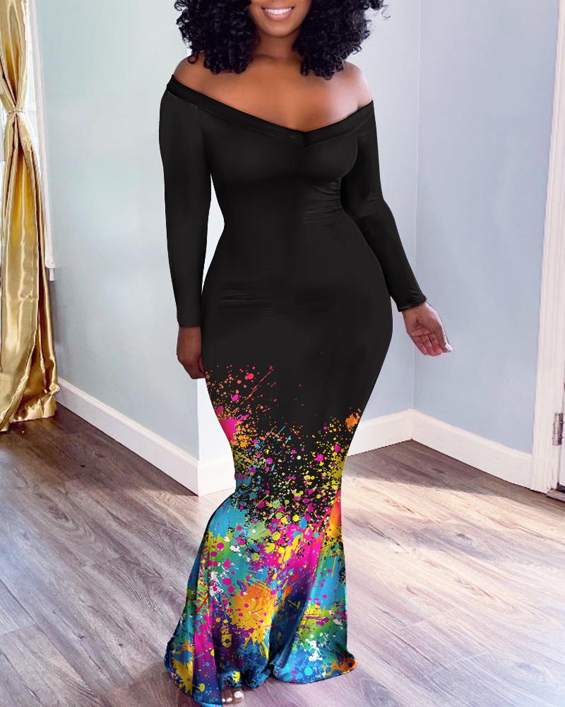 

Ink Splash Print Off Shoulder Mermaid Dress, Black