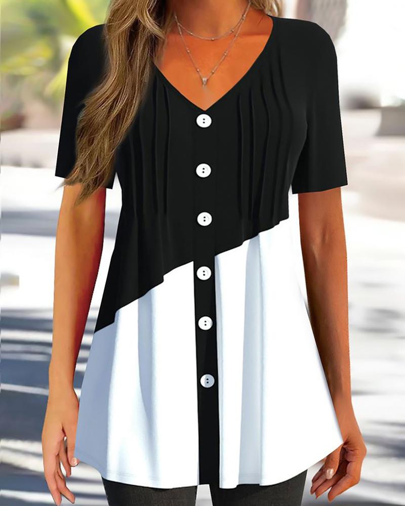

Colorblock Button Front Casual T-shirt, Blackwhite