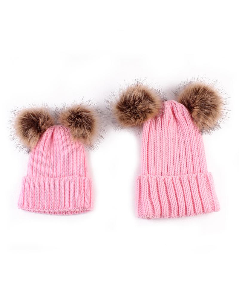 

2PCS/Set Parent-baby Double Pom Pom Knit Cuffed Beanie, Pink
