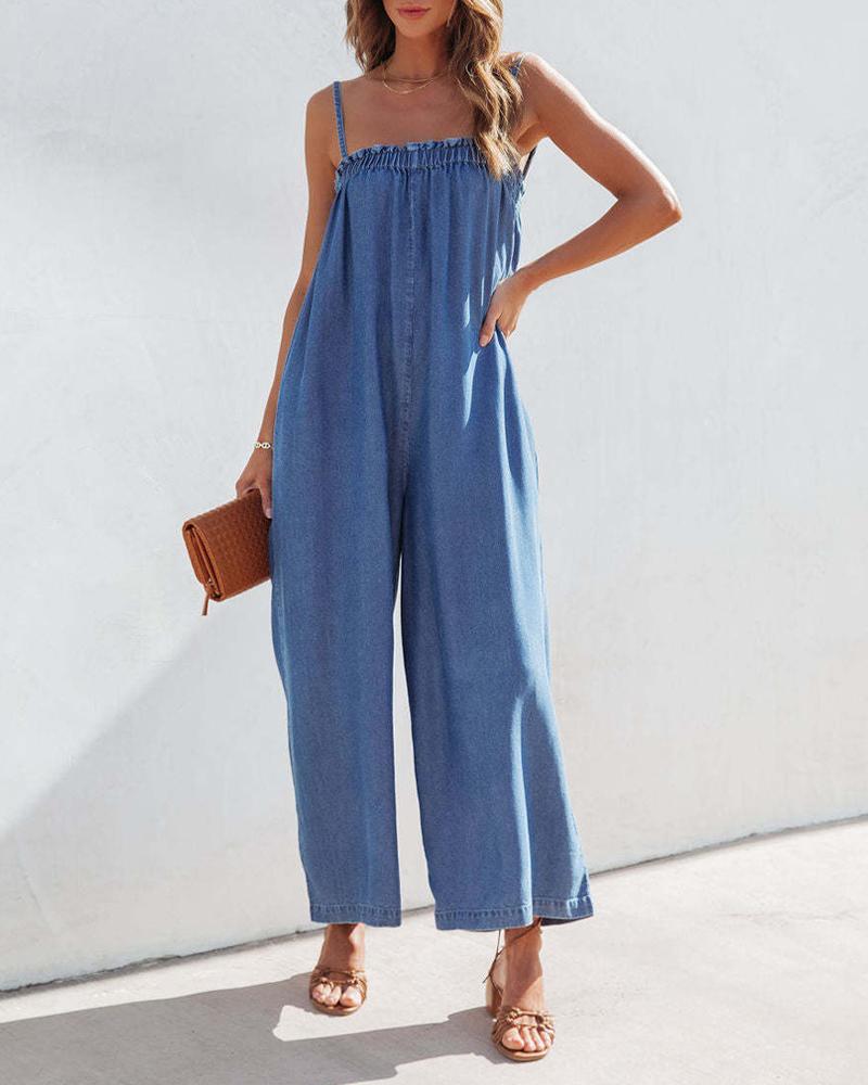 

Square Neck Ruched Frill Hem Suspender Jumpsuit, Blue