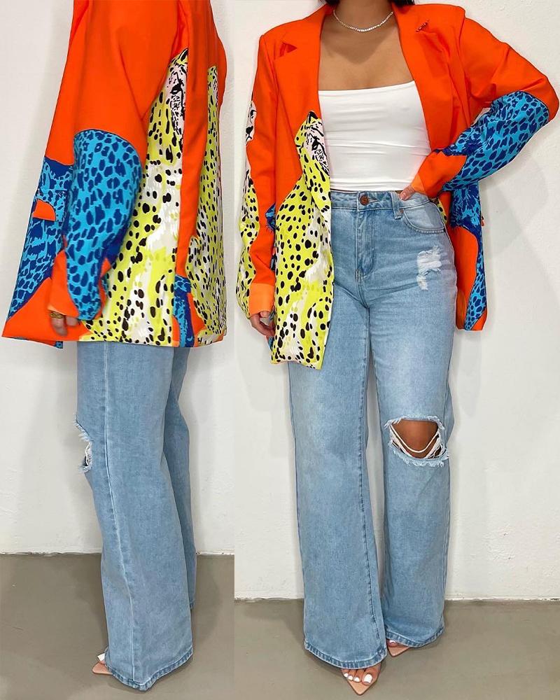 

Leopard Print Lapel Collar Long Sleeve Blazer, Orange