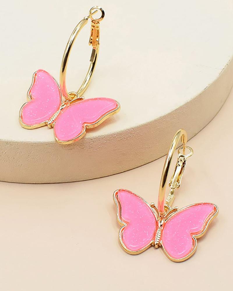 

1Pair Colorful Butterfly Small Hoop Earrings, Pink