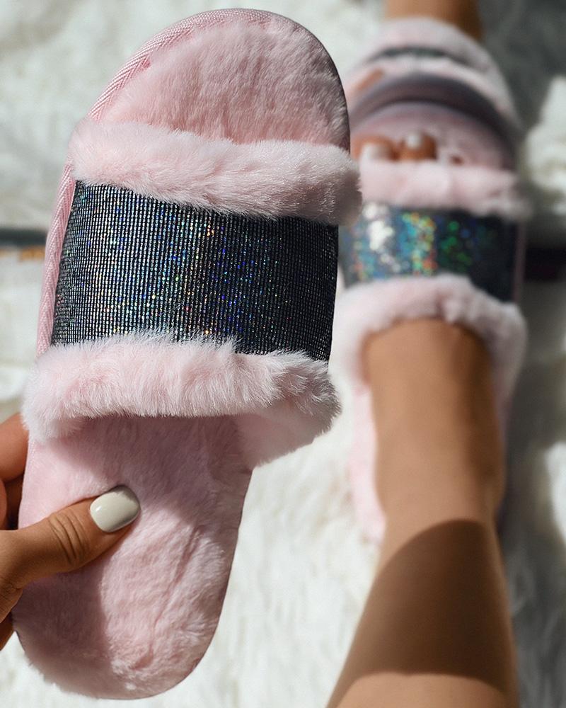 

Fuzzy Sequin One Strap Slippers, Pink