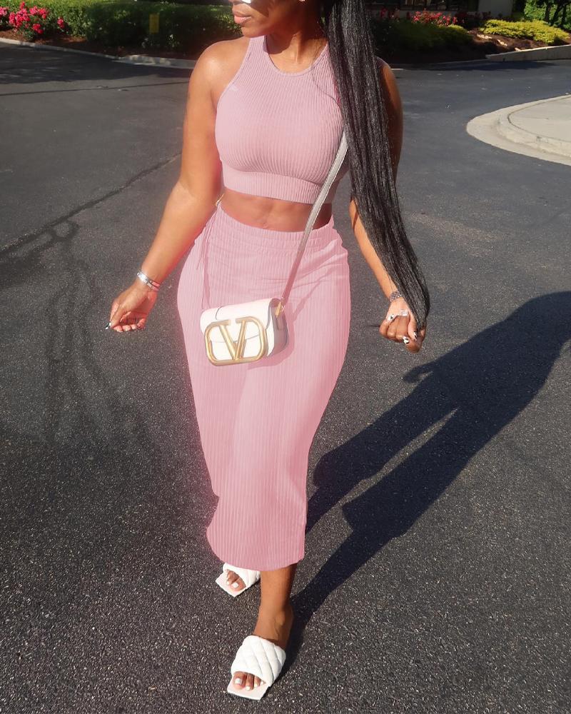 

Ribbed Crop Tank Top & Flared Leg Pants Set, Pink
