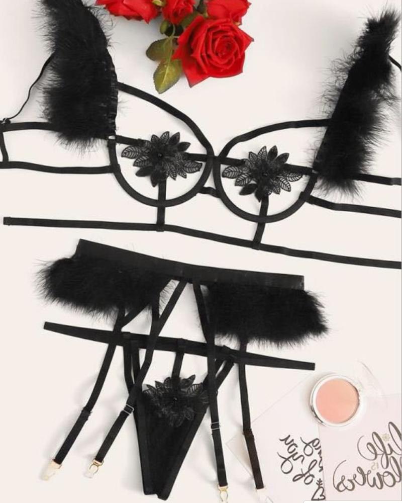 

Feather Detail Cutout Floral Garter Lingerie Set, Black