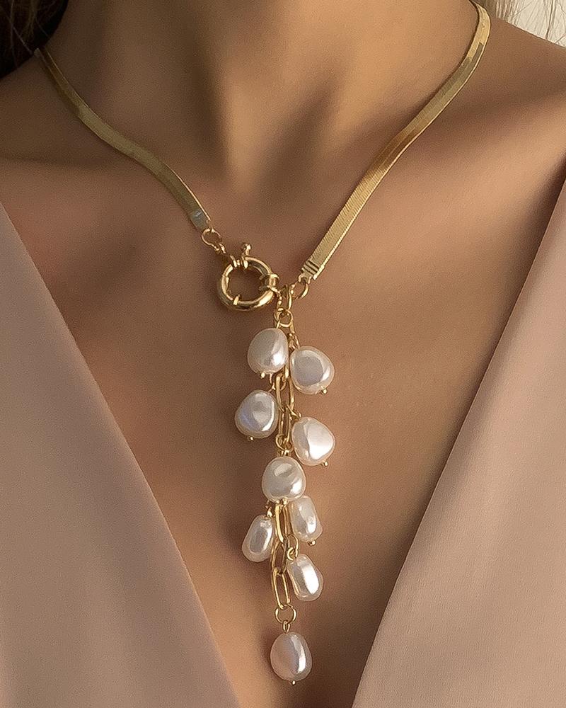 

1pc Herringbone Pearls Decor Tassel Pendant Necklace, Gold
