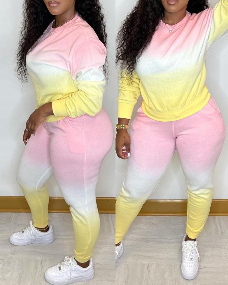 

Ombre Colorblcok Top & Pocket Design Pants Set, Pink