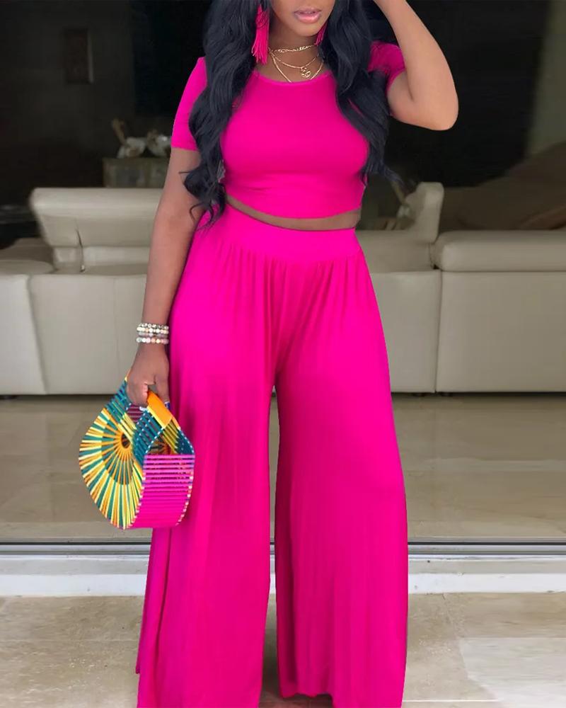 

Plain Crop Top & Wide Leg Pants Set, Hot pink