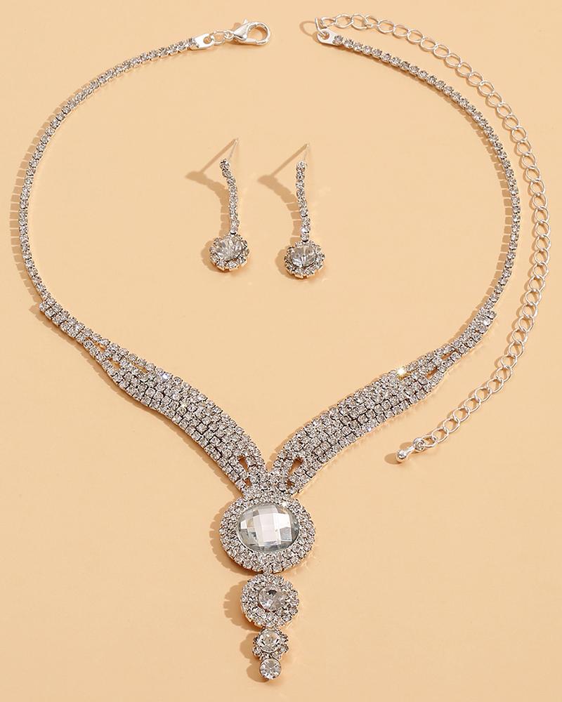 

22PCS Rhinestone Geometric Pendant Necklace & Drop Earrings Evening Party Wedding Jewelry Set, White