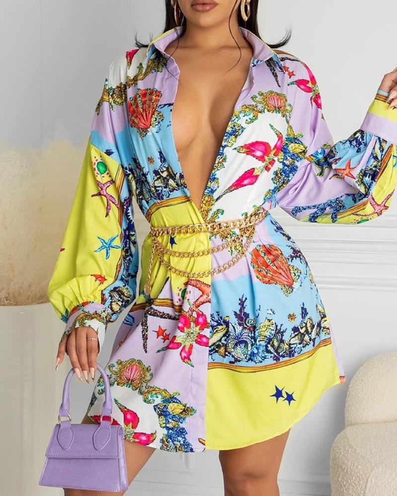 

Scarf Print Lantern Sleeve Buttoned Shirt Dress, Multicolor
