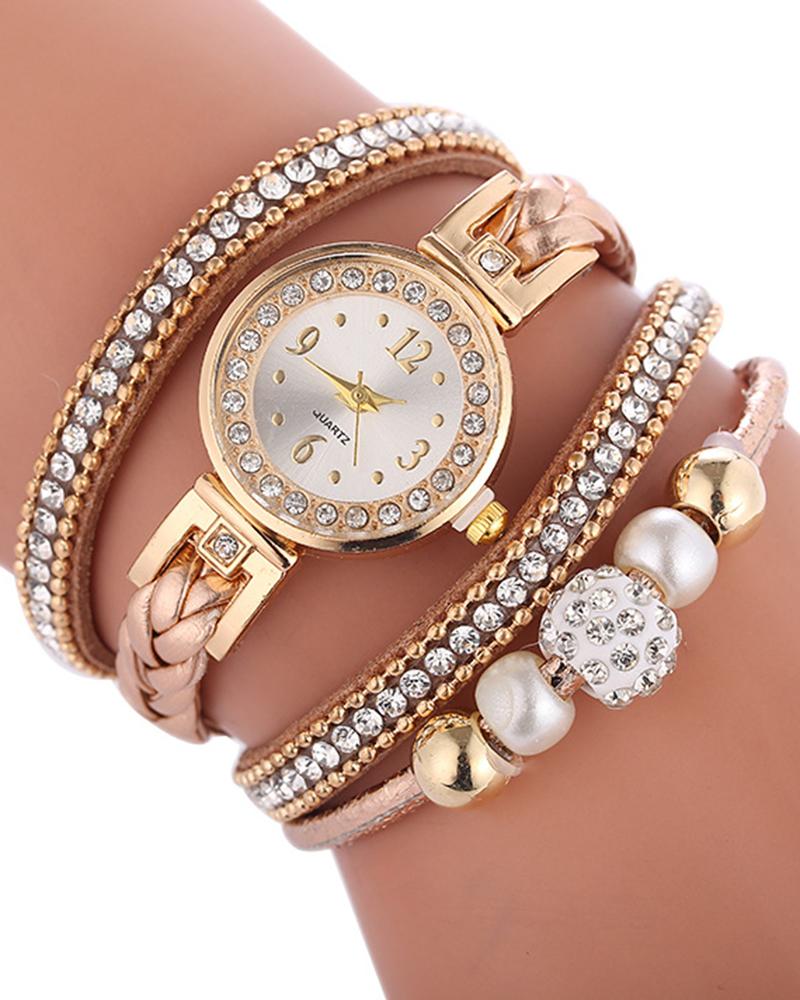 

1pc Rhinestone Decor Bangle Quartz Watch, Brown