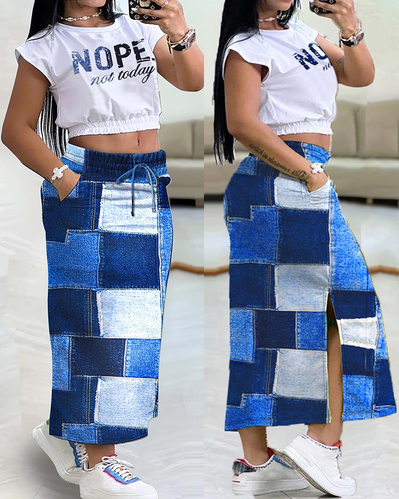 

Plus Size Nope Not Today Denim Look Print T-shirt & Slit Drawstring Skirt Set, Blue