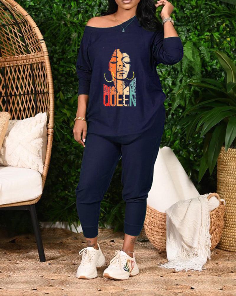 

Figure Print Long Sleeve Casual Top & Pants Set, Blue