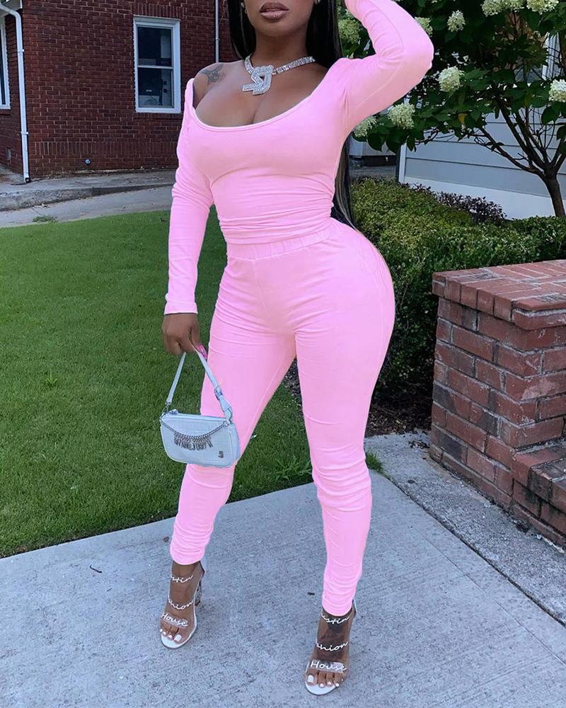 

Solid Long Sleeve T-shirt Pants Two-piece, Pink
