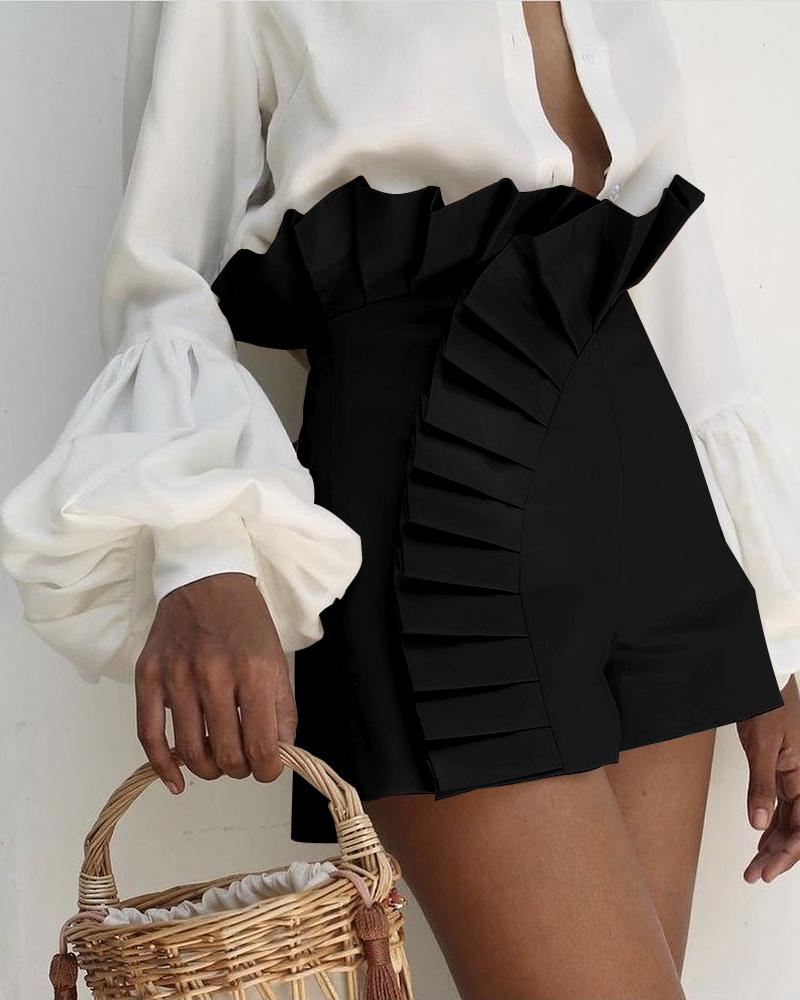 

Ruffle Hem Ruched High Waist Shorts, Black