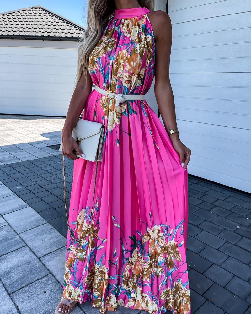

Floral Print Halter Sleeveless Pleated Maxi Dress, Hot pink