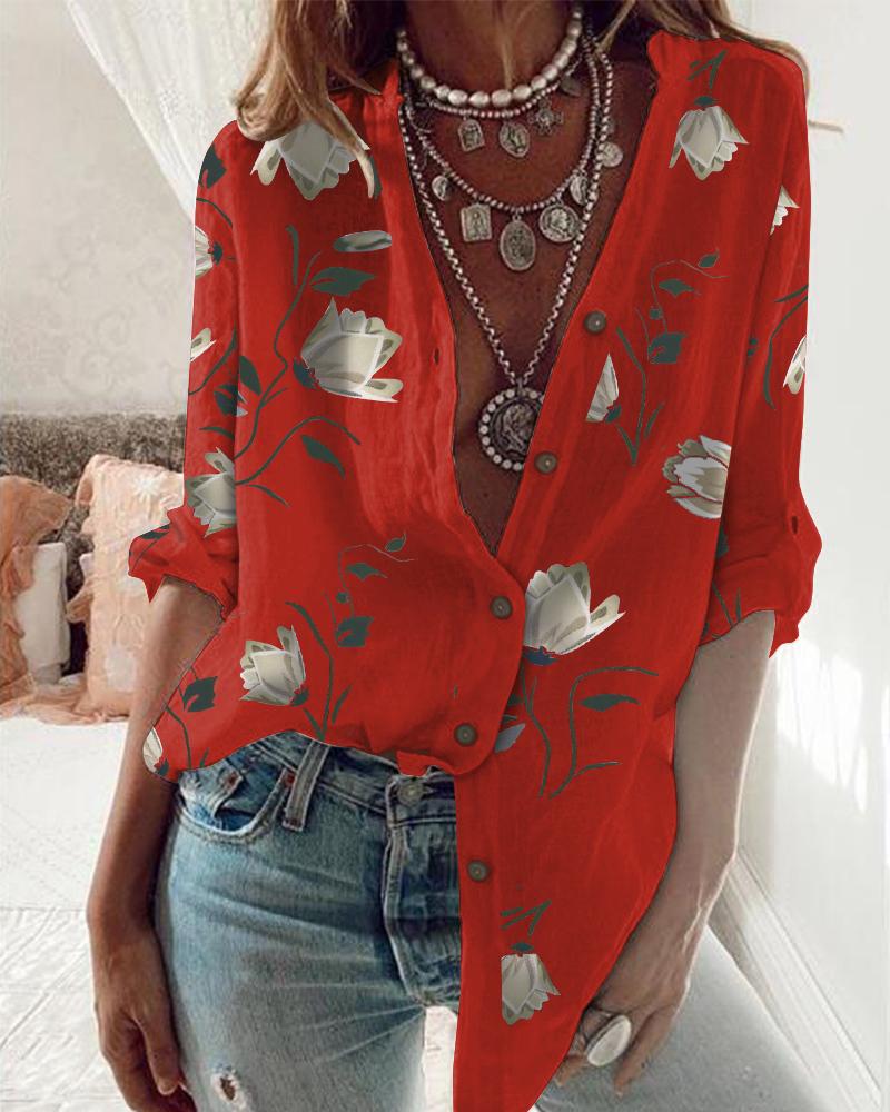 

Floral Print Button Front Long Sleeve Shirt, Red