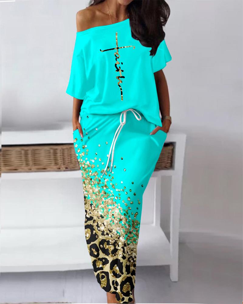 

Faith Contrast Leopard Print T-Shirt & Drawstring Skirt Set, Turquoise blue