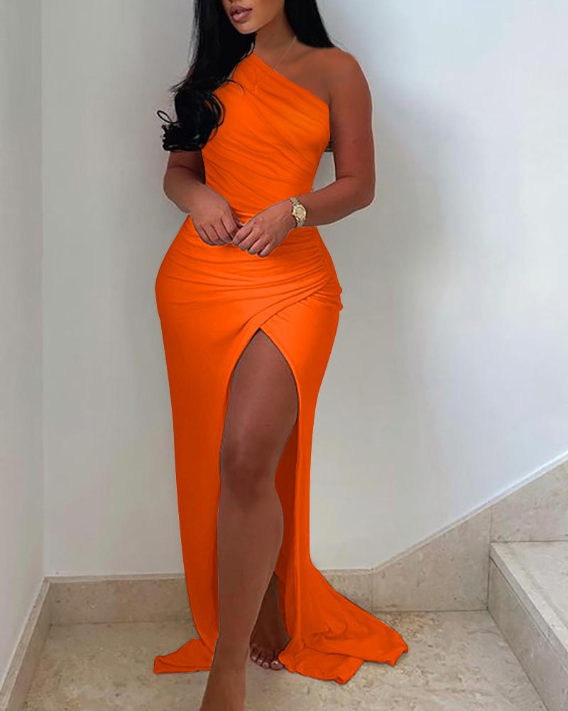 

One Shoulder Split Thigh Ruched Maxi Dress, Orange