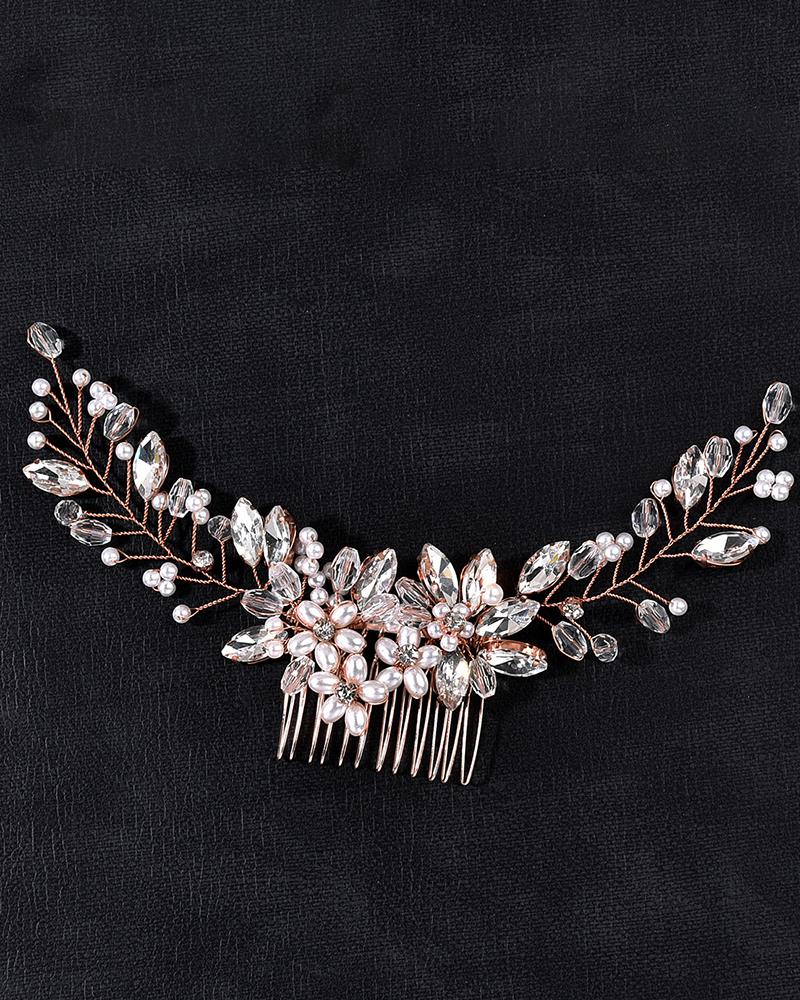 

1pc Wedding Bridal Hair Comb Clip Leaf Pearl Floral Hairpin Crystal Jewelry Headpiece, Rose gold