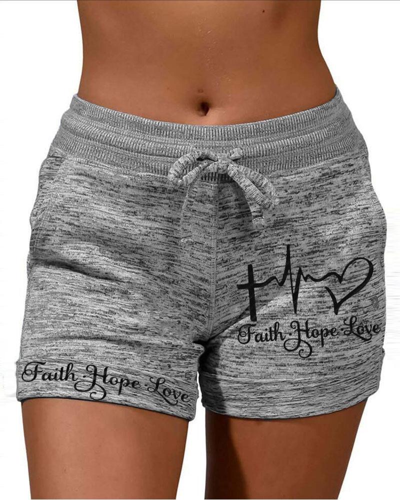

Letter Heart Print Pocket Drawstring Shorts, Gray