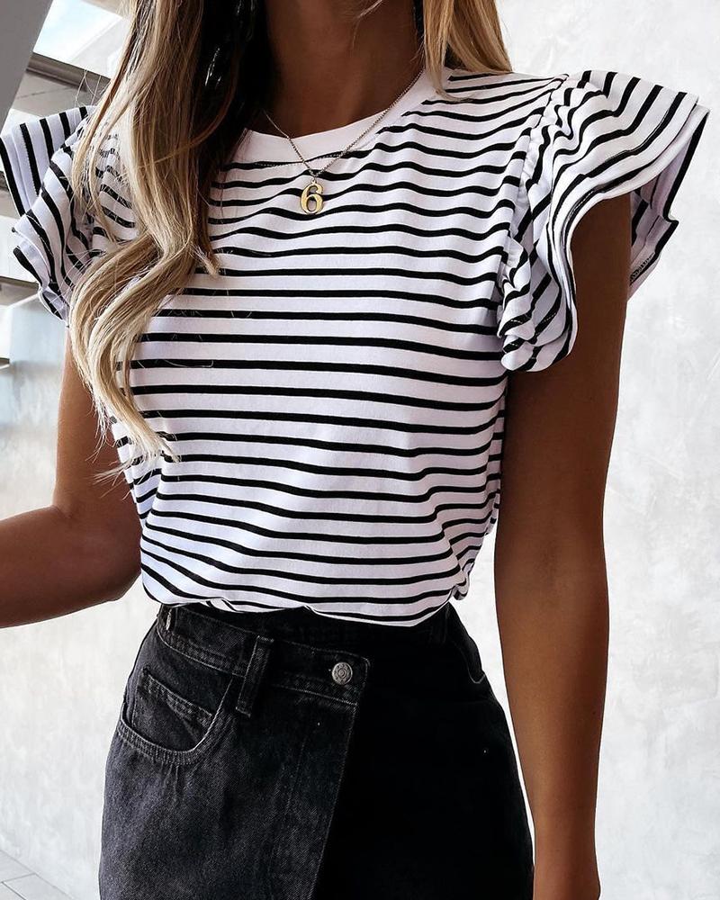

Flutter Sleeve Striped Colorblock Casual Top, Black