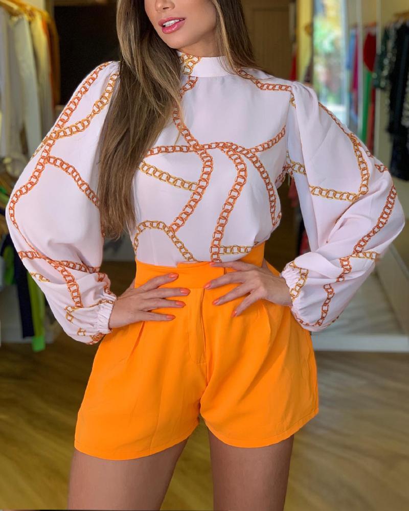 

Chain Print Lantern Sleeve Top & Shorts Set, Orange