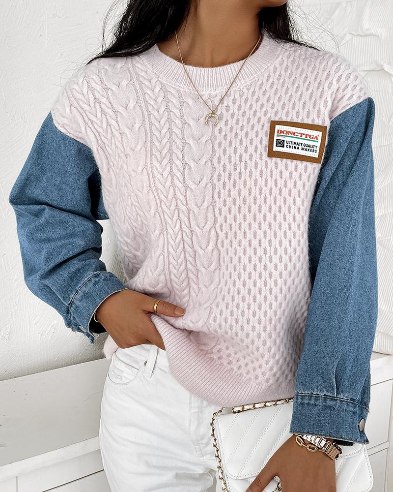 

Denim Patch Cable Knit Sweater, Pink
