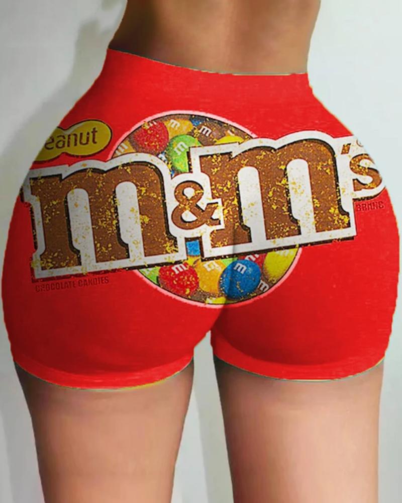 

Letter Cartoon Print High Waist Casual Shorts, Red