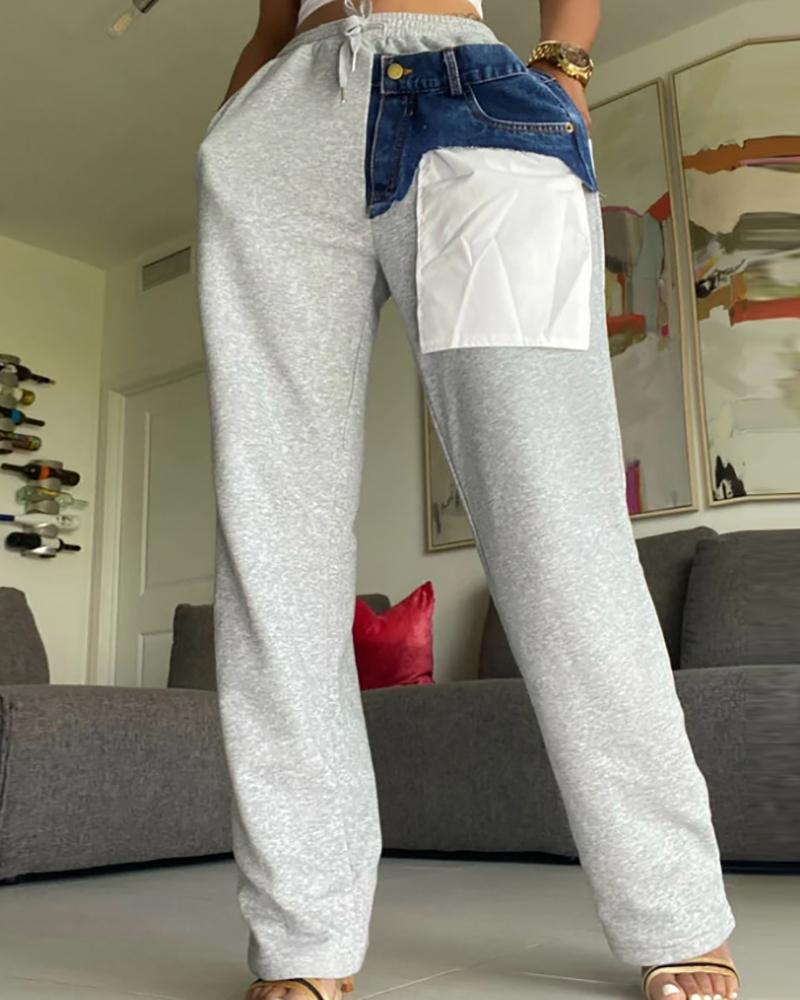 

Denim Patch Pocket Design Drawstring Casual Pants, Multicolor