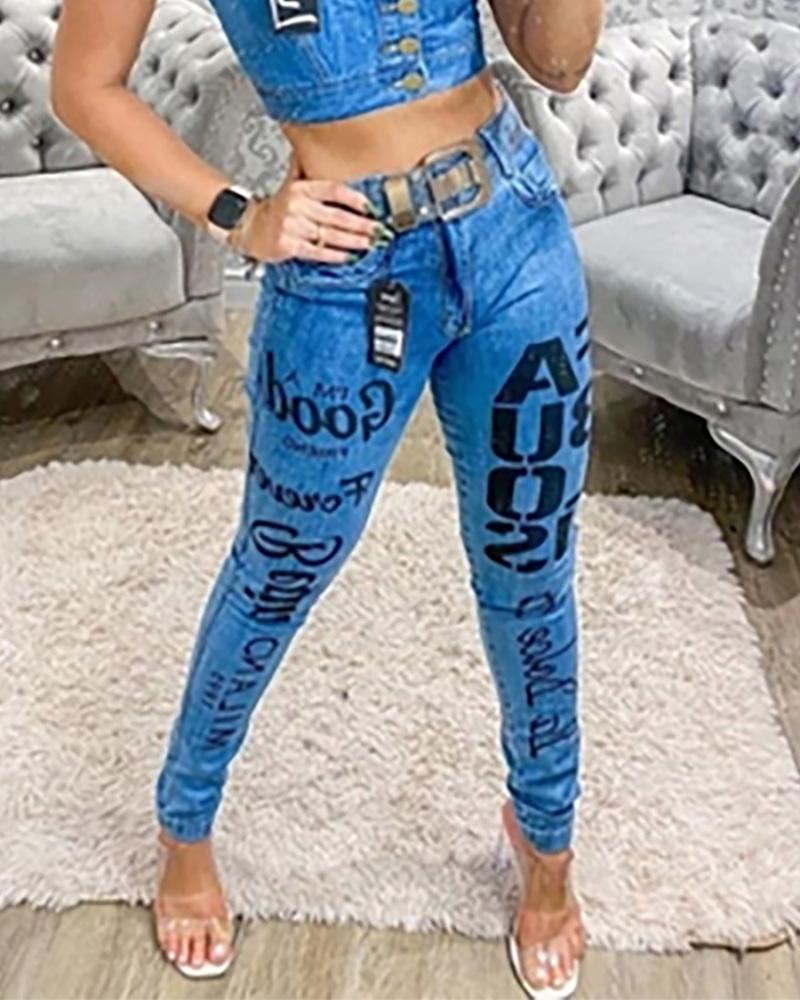 

Letter Print High Waist Pocket Design Jeans, Blue