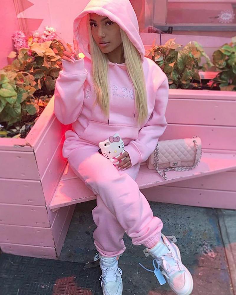 

Letter Print Long Sleeve Hooded Women Top & Pants Set, Pink