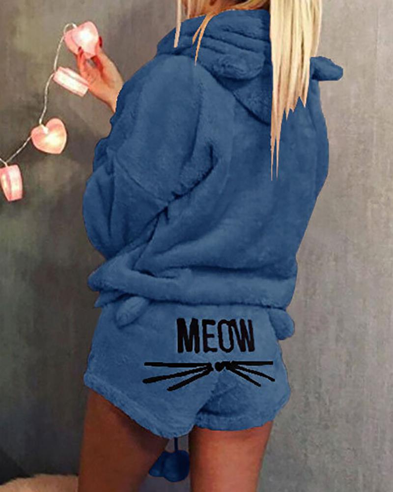 

Embroidery Letter Cat Fluffy Hooded Pajamas Set, Dark blue