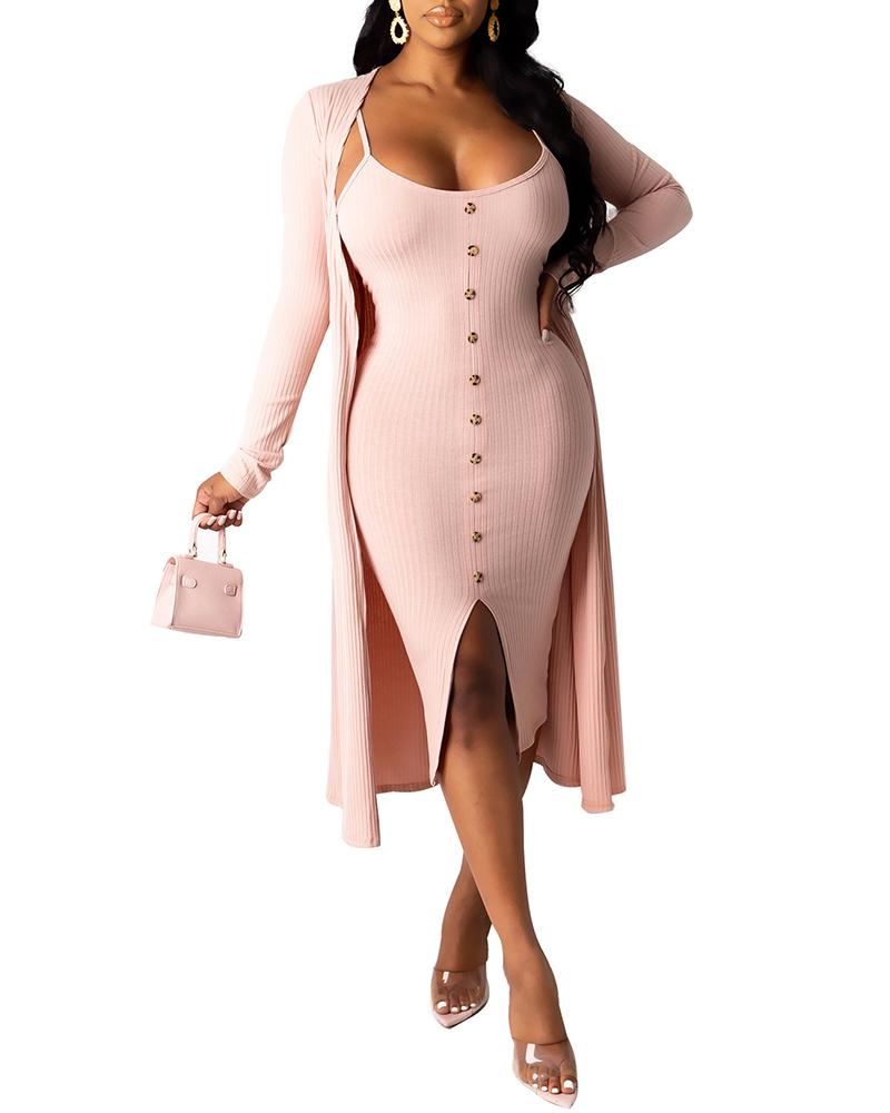 

Ribbed Button Decor Slit Dress With Long Sleeve Cardigan, Light pink