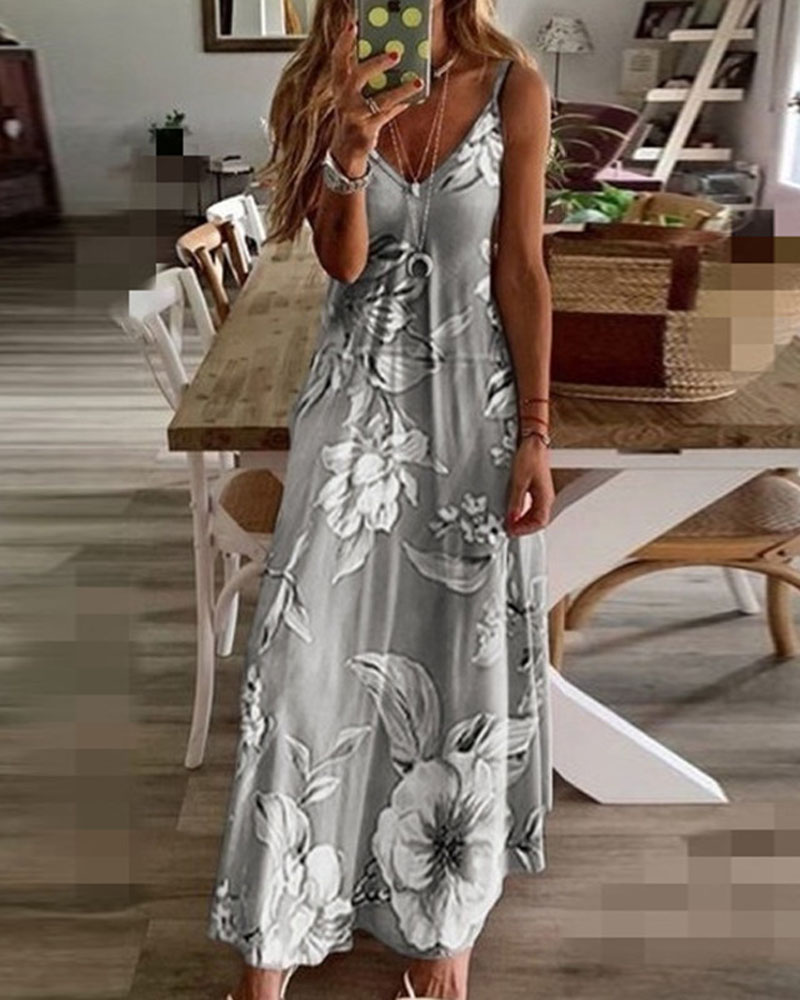 

Floral Print V-Neck Casual Cami Dress, Gray
