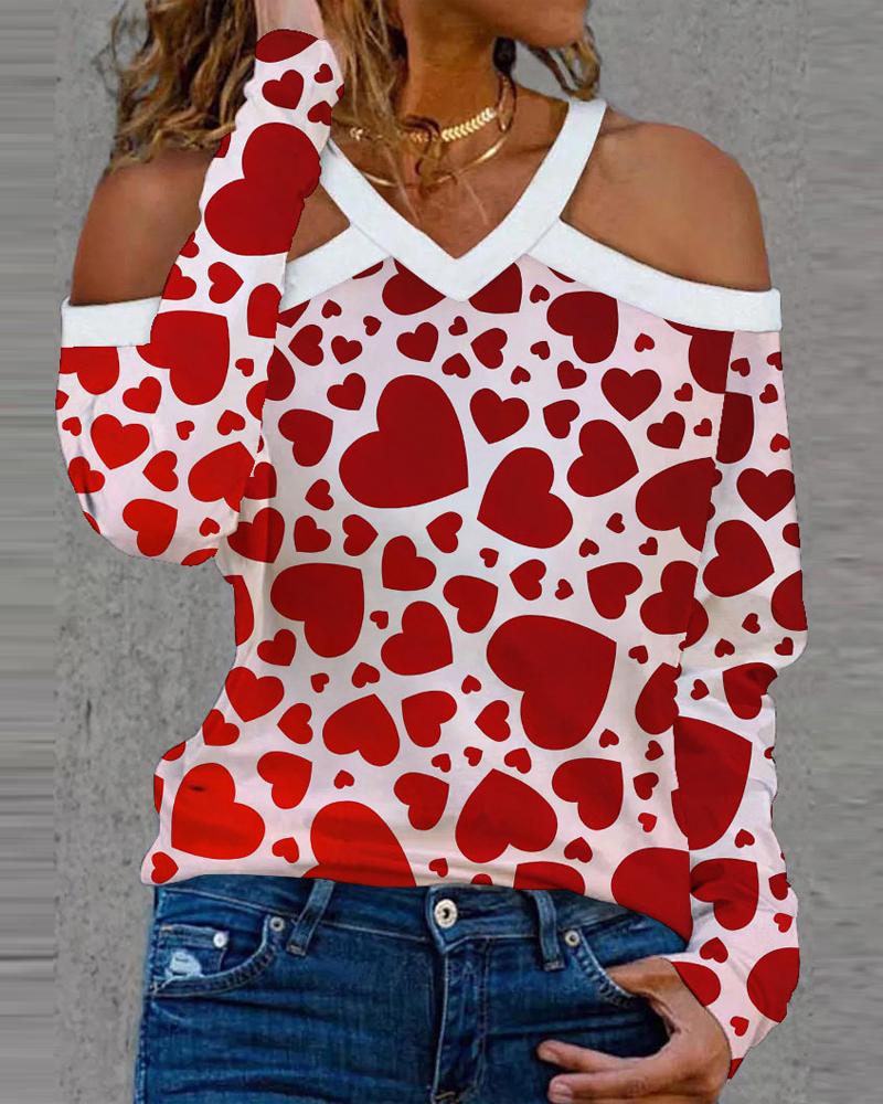 

Valentine' Day Heart Print Cold Shoulder Top, Red