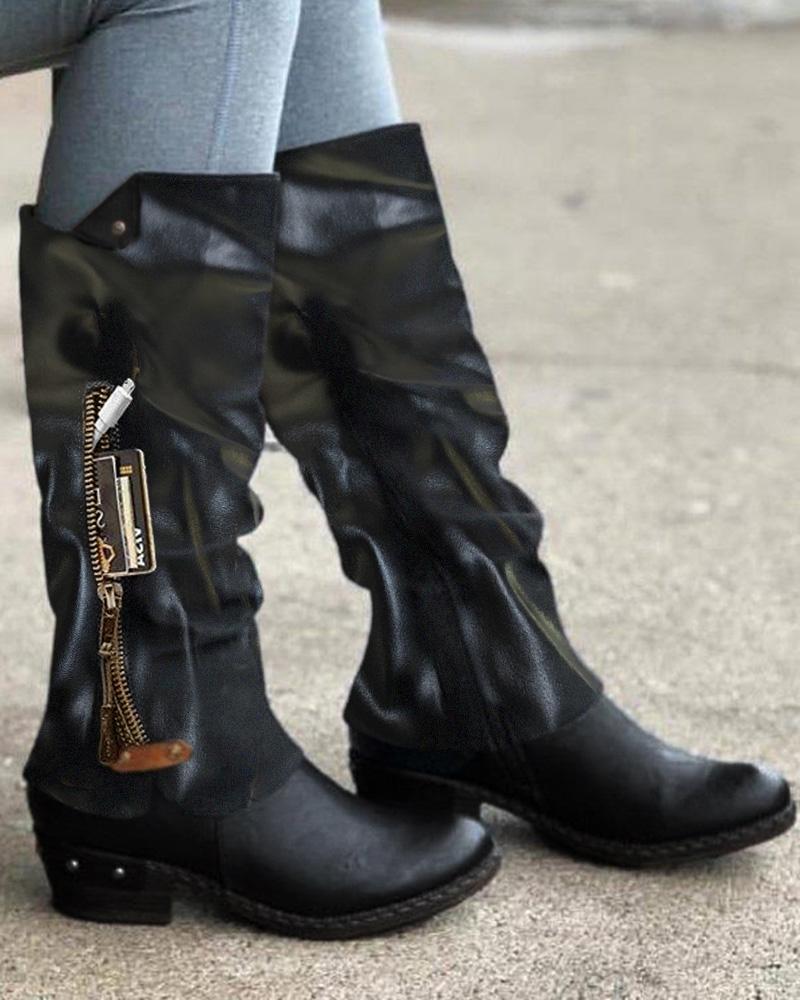 

Zipper Design Chunky Cowboy Boots, Black