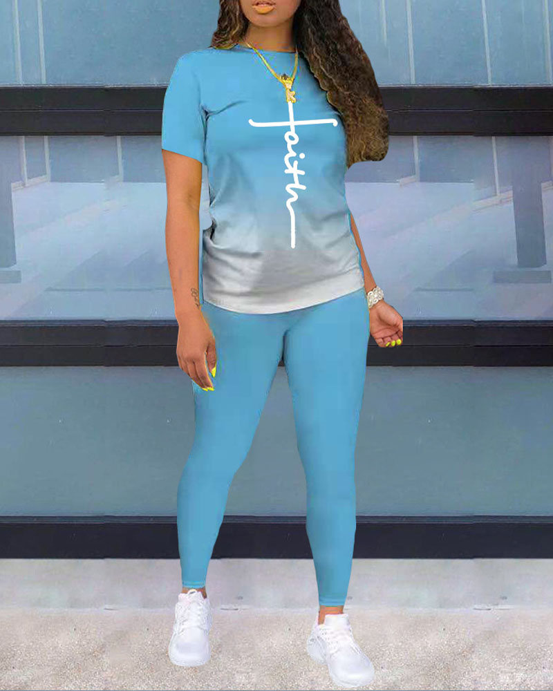 

Faith Ombre Print Casual Top & Pants Set, Lighted blue