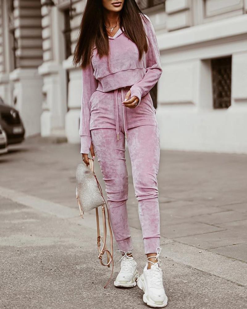 

Long Sleeve Velvet Hooded Top & Drawstring Pants Set, Pink