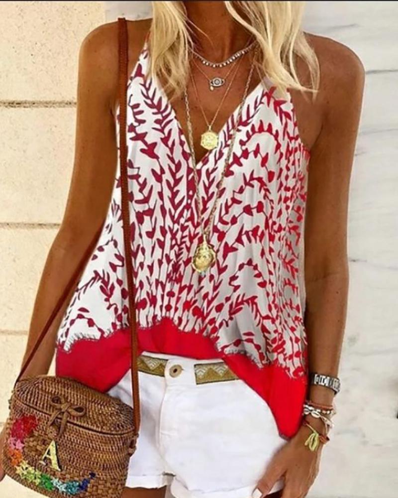 

All Over Print Spaghetti Strap Ruched Top, Red